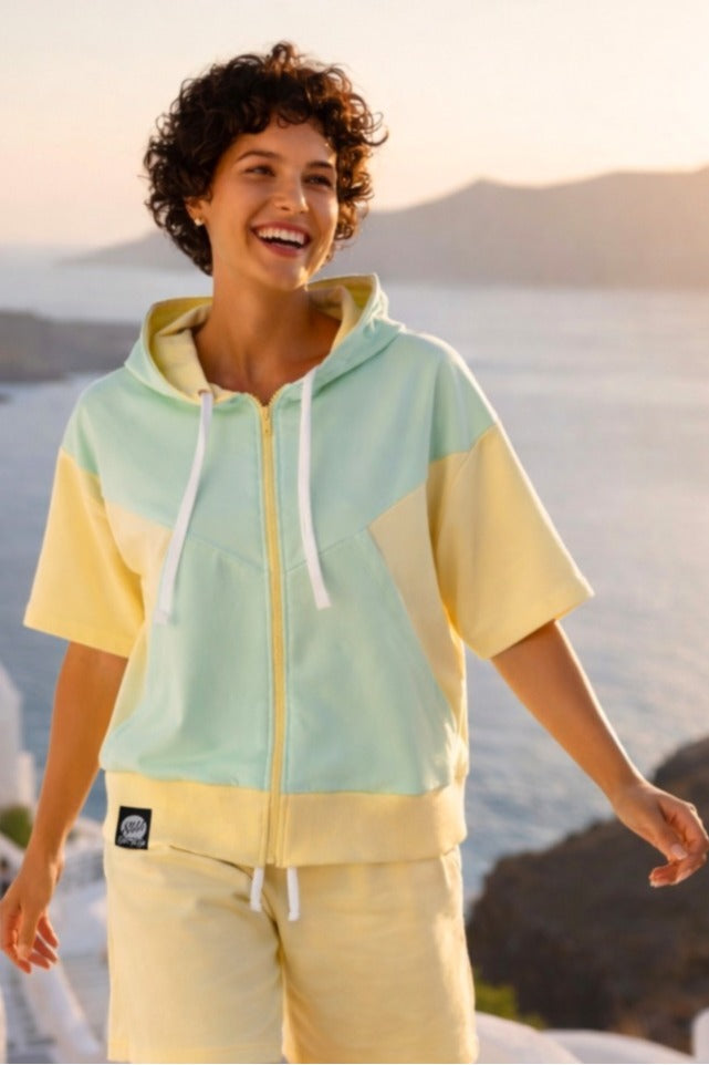 Damska Rozpinana Bluza HOODIE ZIP 3 "Lemon & Pistachio" – Short Sleeve - Polishh stuff