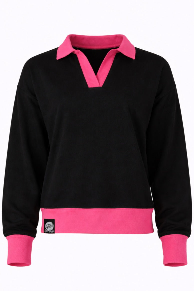 Damska Bluza Polo Crop "Mroczna Strona Shhh" – Black & Fuchsia - Polishh stuff