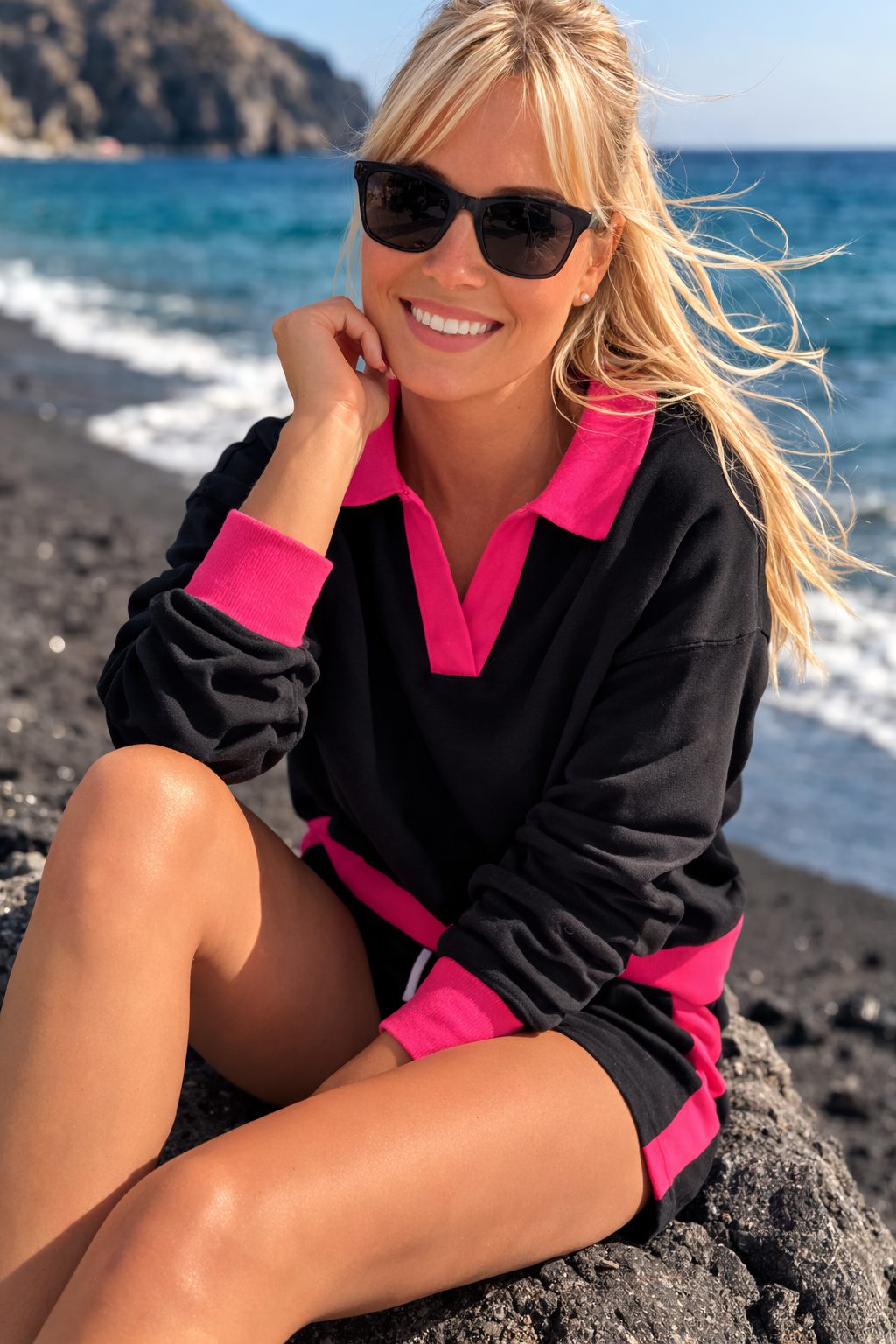 Damska Bluza Polo Crop "Mroczna Strona Shhh" – Black & Fuchsia - Polishh stuff